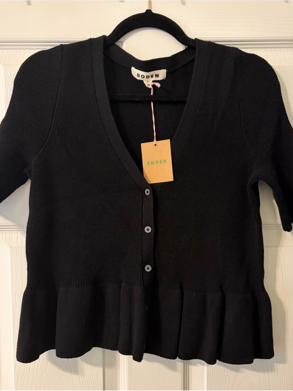 Boden Black Short-Sleeve Peplum Cardigan